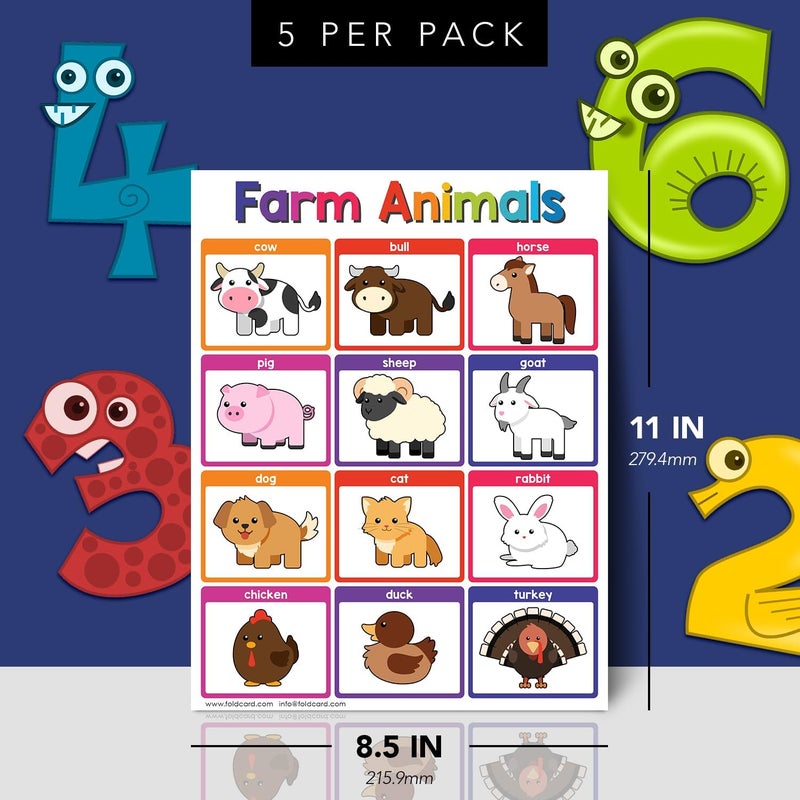 FoldCard Educational Charts for Preschool to Grade 1 Kids – Bright and Colorful Educational Visual/Learning Aid Posters | Glossy Durable Cardstock | 8.5" x 11" | 5 per Pack (Farm Animals) - Image 2